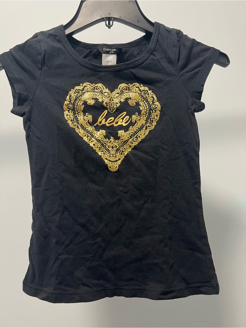 bebe Girl’s Black Short Sleeve Tee with Gold Heart Design